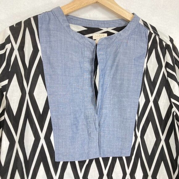 J. Crew Black White Geometric Print With Chambray Bib Cotton Tunic Top S - Picture 2 of 6